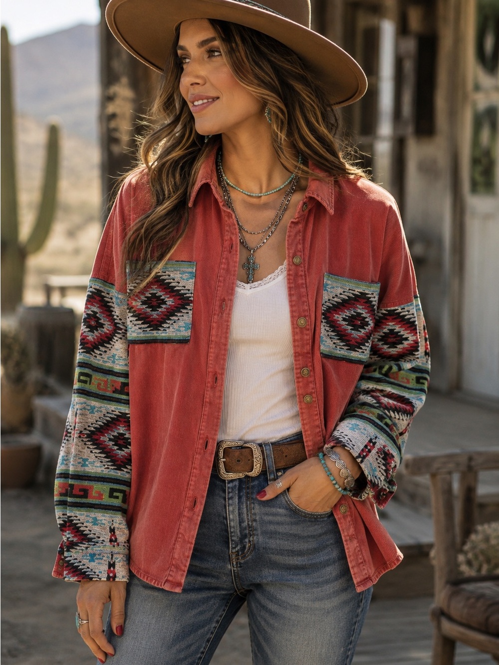 Aztec Shacket cord body with sleeves XL NWOT